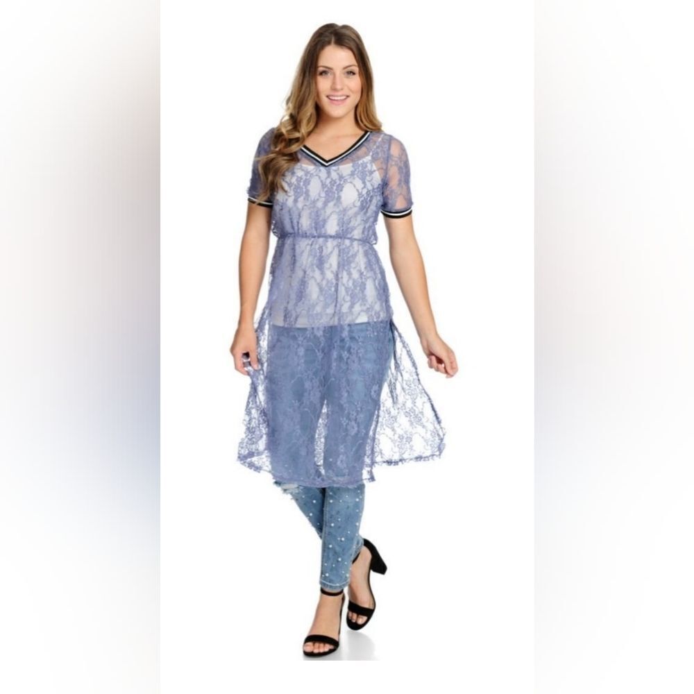 Mod X sheer lace Short‎ sleeve rib knit trimmed midi dress